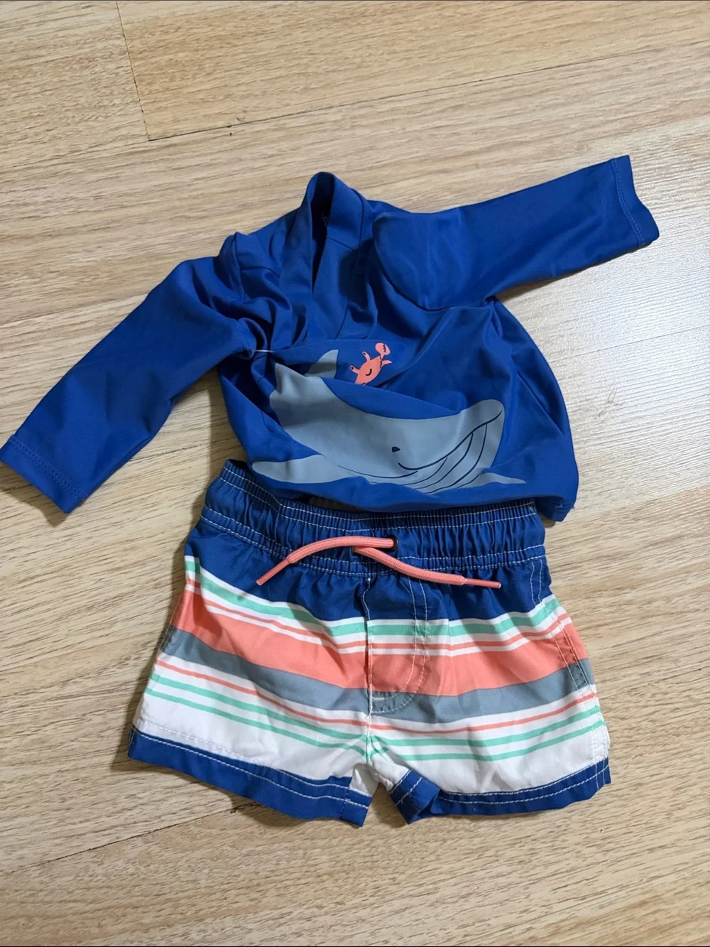 Blue Whale Rash Guard Top and Striped Swim Shorts Set